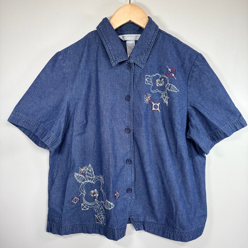 Napa Valley Blues Denim Shirt Size PL Petite Large Blue Cotton Embroidered Top